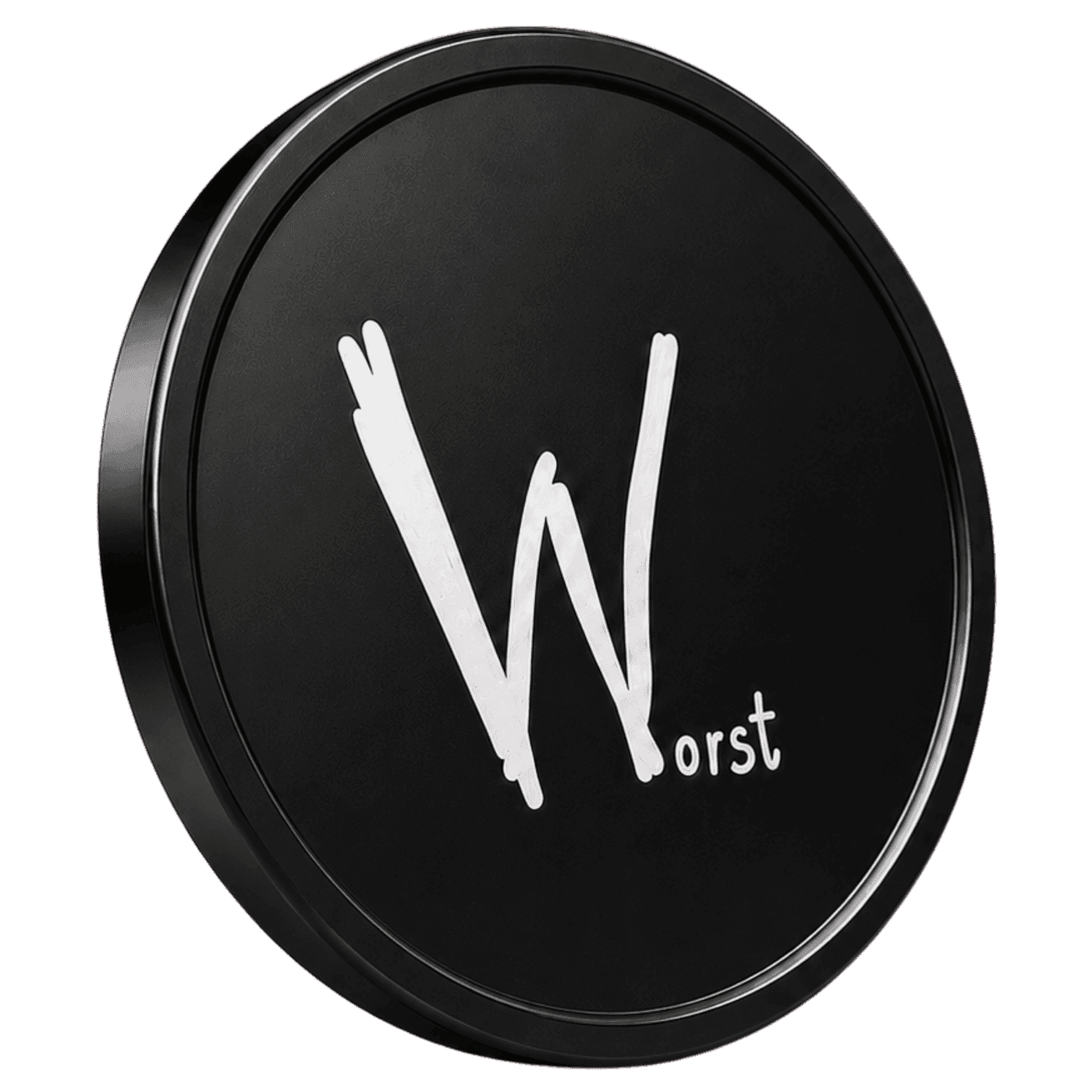A massive black commemorative $WORST coin with a glossy silver rim and a hand-drawn WORST wordmark, lit like a luxury product advertisement.