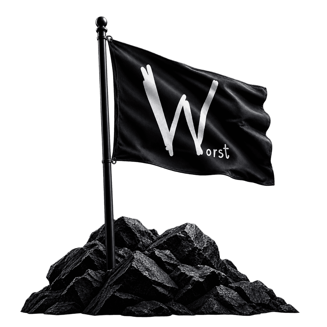 A large black corporate flag in dramatic wind bearing the WORST emblem.