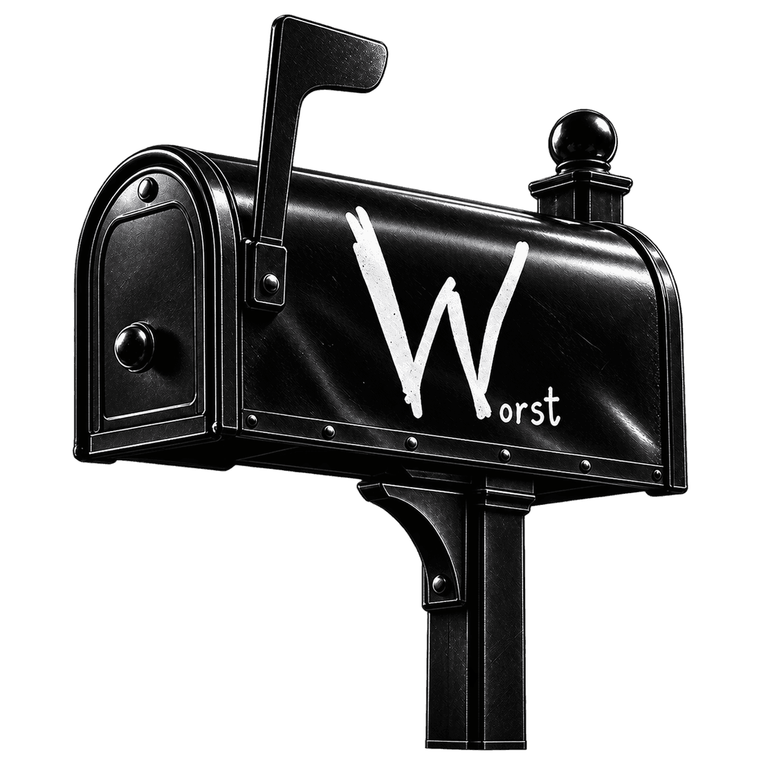 A large cinematic black corporate mailbox bearing a subtle WORST emblem.